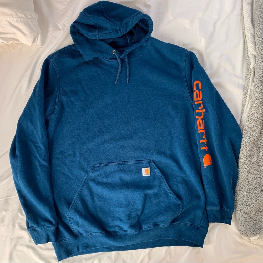 Carhartt Men's Teal Hoodie with Orange Logo
